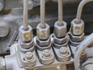 Close up of diesel engine fuel injectors