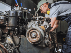Mechanic repairing diesel engine problems in semi truck