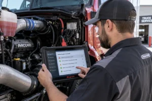 Truck mechanic conducting EMC scan
