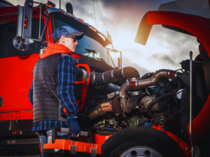 Mechanic inspecting semi truck coolant levels