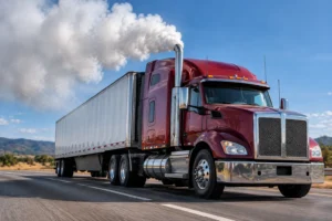 Semi truck on highway blowing white smoke
